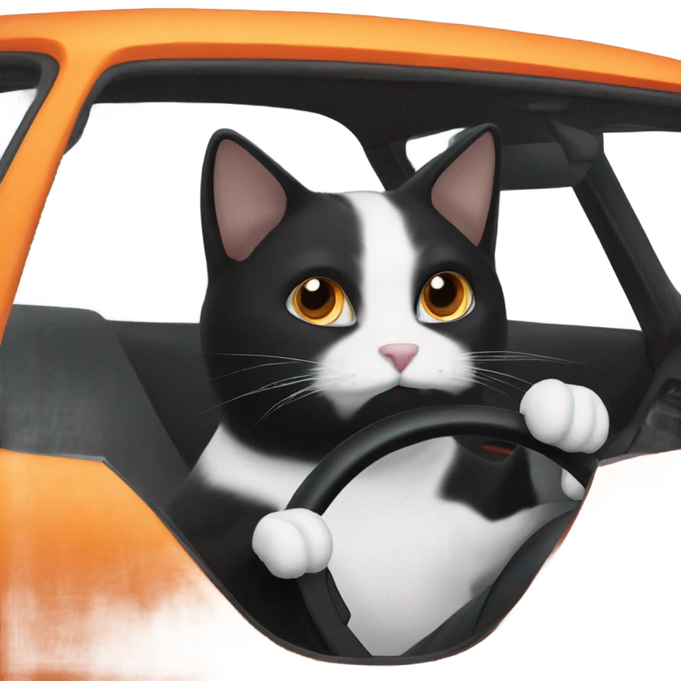 Black and white cat driving an orange car ￼ emoji