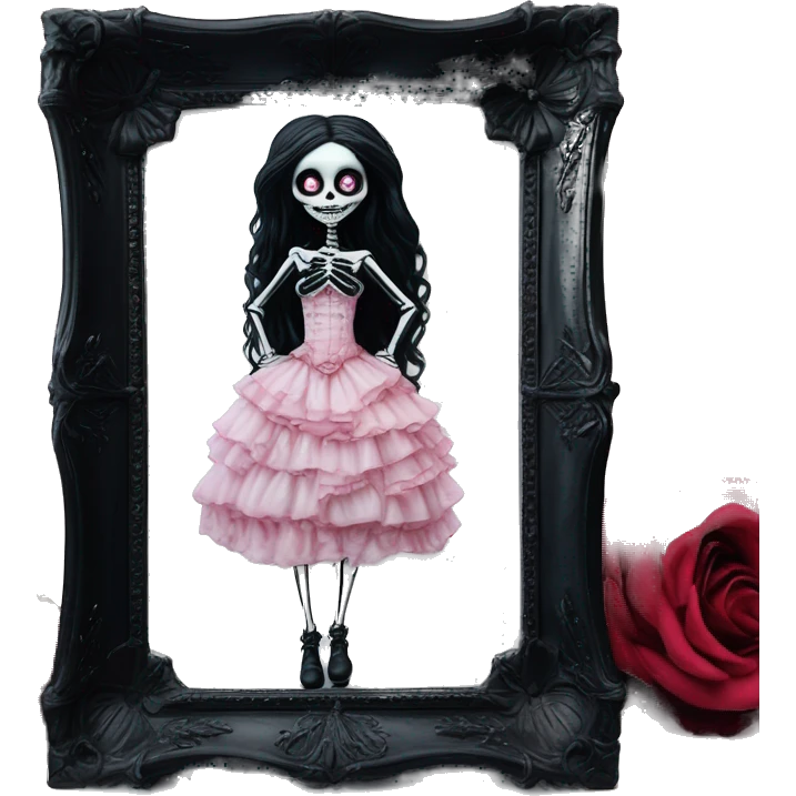 PINK LANDSCAPE PICTURE WITH FRAME: full body, hyper realism, full height skeleton, tim burton "corpse bride", thin porcelain doll with a cracked face, goth makeup watery eyes, long hair, lace and ruffles, lolita style, inked, black and white, red roses emoji