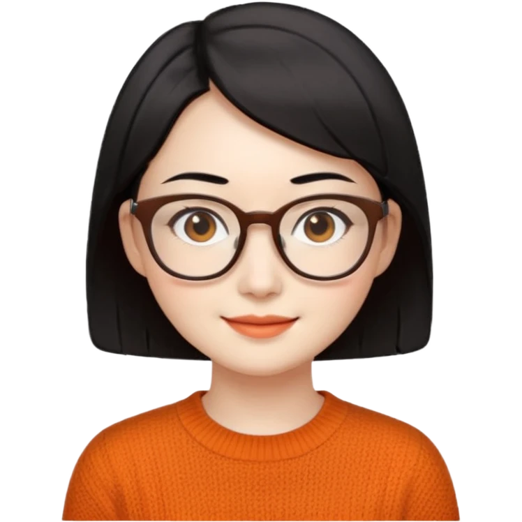 Korean 35-year-old female online marketer / white face / smiling expression / short hair / intellectual look / black hair / orange knit / brown glasses emoji