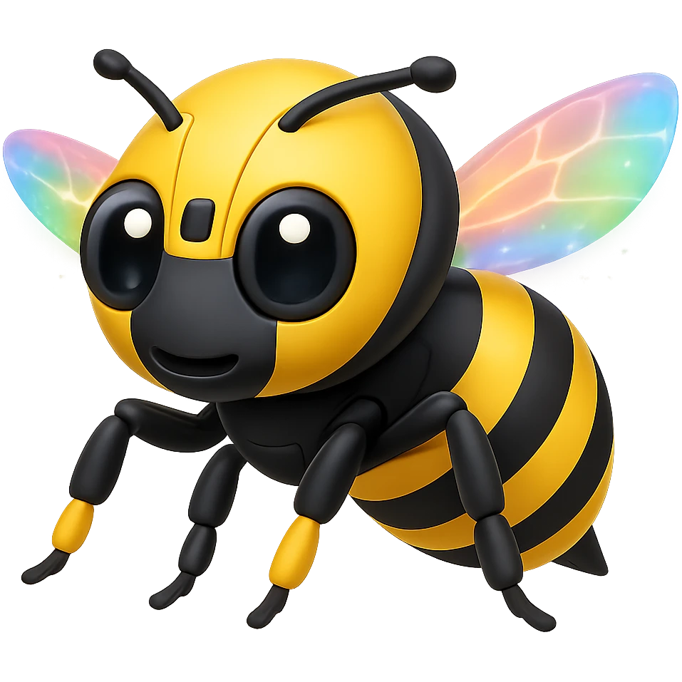 Create a robotic bee with rainbow prismatic energy wings in the style of apple emojis, focusing on concise and clear emoji style representation. emoji