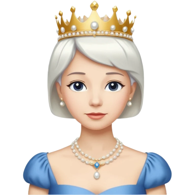Queen with white short hair – gold tiara, pearl necklace, elegant gown, blue dress emoji