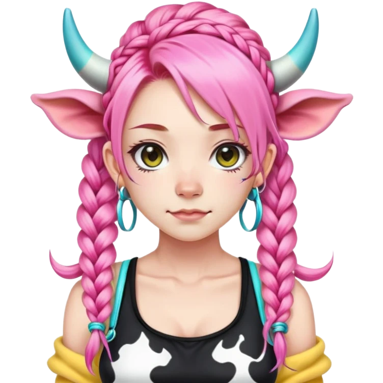 En anime-ku-jente med to rosa lange tykke fletter og cyan striper i håret, ku-horn og ku-ører, sort BH-topp over en gul cropped-fleece-blouse emoji