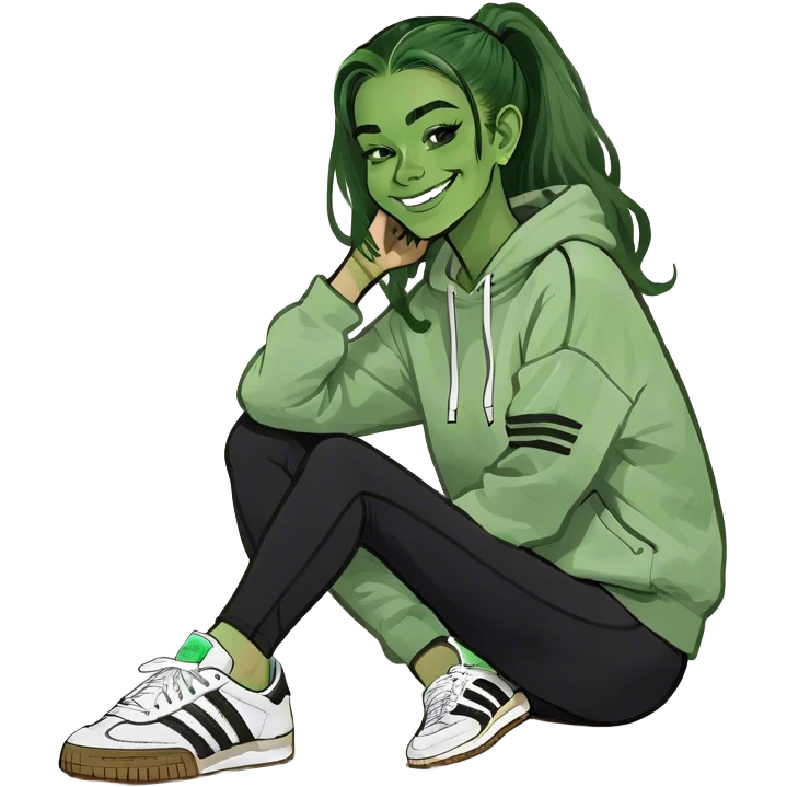 blonde smiling girl in white portrait green eyes wearing a sweatshirt and black colored leggings and adidas og samba sneakers emoji