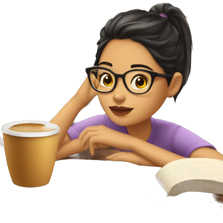 Chica morena leyendo con gafas y cafe emoji