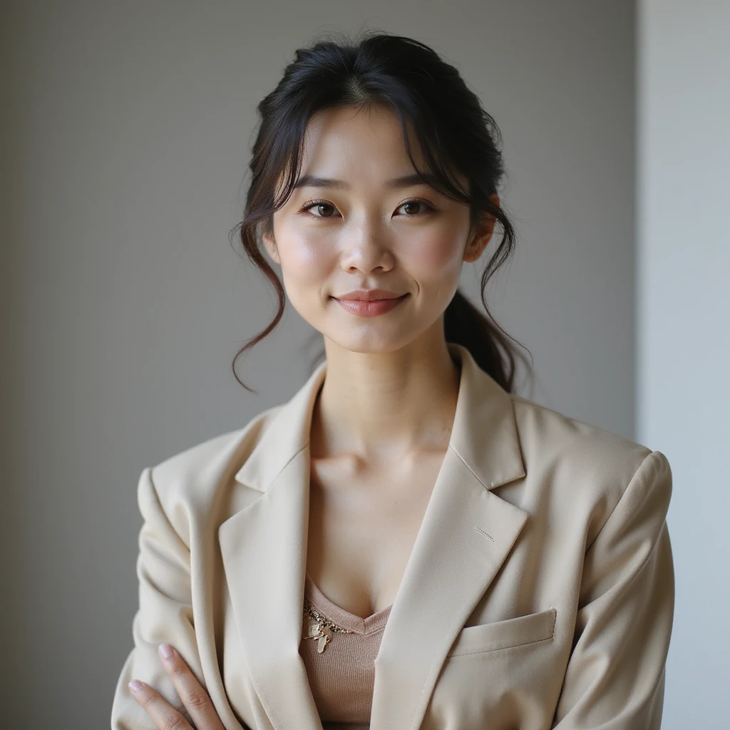 photorealistic upper-body portrait of a chic Korean woman, 25-35, sophisticated gentle expression, elegant casual attire, enjoys high-quality home café experiences, values artisanal desserts, neutral background emoji