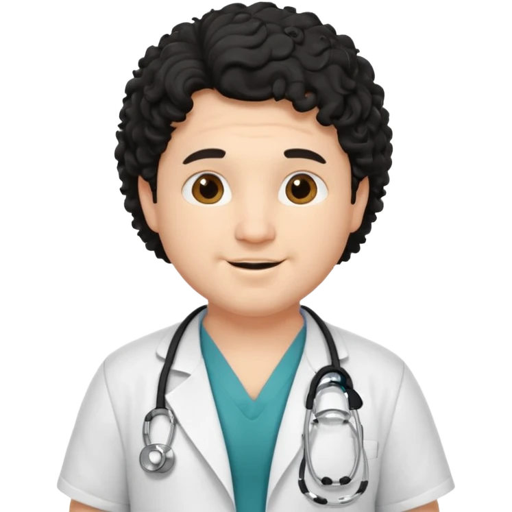 a young chubby male doctor with black long curly hair and cheerful face without gpasses emoji