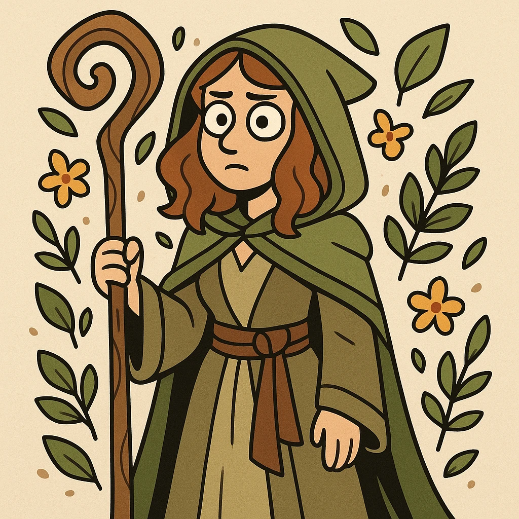 female druid character, cartoon style, wearing nature-inspired robes, holding a staff, surrounded by leaves and flowers emoji