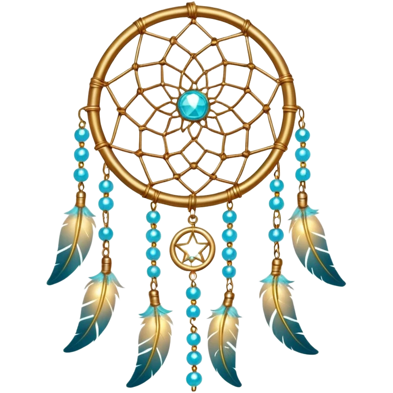 Star-shaped golden bright divine shimmering shiny sparkly glittery glowing glossy dreamcatcher with cyan beads emoji