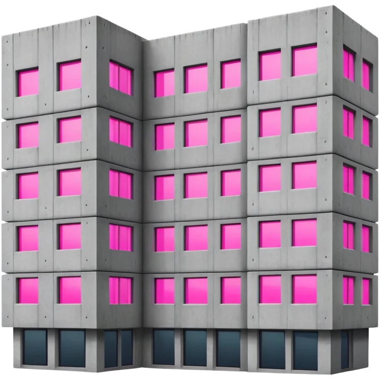 Brutalist gray concrete building with multiple windows where only one window glows bright pink and the rest are normal emoji