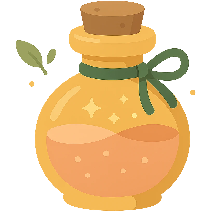 "A cute potion bottle with a whimsical and cozy design, featuring soft and warm colors: golden orange (FA9B41), deep forest green (4A7C5C), muted taupe brown (96775A), and pastel peach (FFCC9A). The bottle is small, round, and slightly vintage in style, with a cork stopper and a delicate ribbon tied around its neck. The potion inside glows faintly with a peachy-orange hue. Surroundings include soft lighting and a magical atmosphere, possibly with sparkles or tiny floating leaves, emphasizing a warm and enchanting mood. The style is charming, storybook-like, and detailed emoji