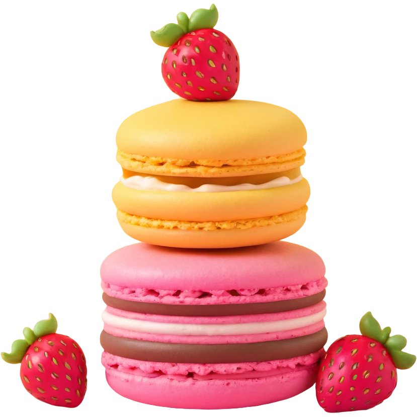 A pink macaron with a strawberry on top, two animals peeking out, light peach background with yellow stars, detailed texture emoji