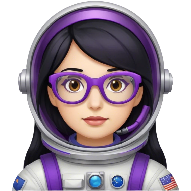 female astronaut with long black hair brown eyes and purple glasses emoji