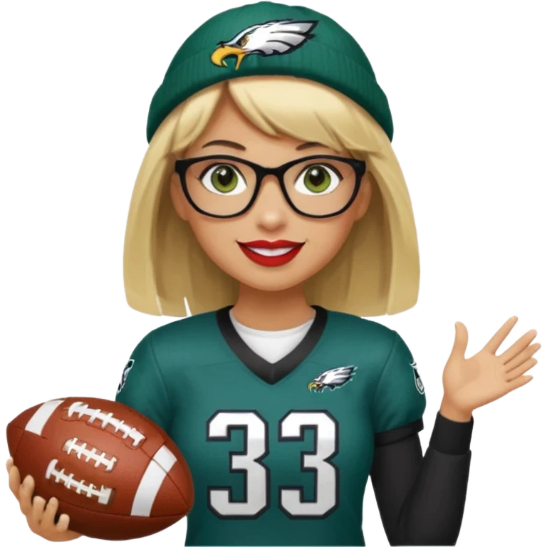 full length women wearing eagles uniform, long blonde hair, styled bangs, green eyes, black glasses, holding football, number 33, smiling, lipstick, eagles beanie emoji