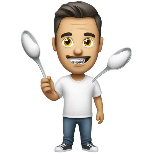 Man eating sugar with a spoon holding a lighter under the spoon emoji