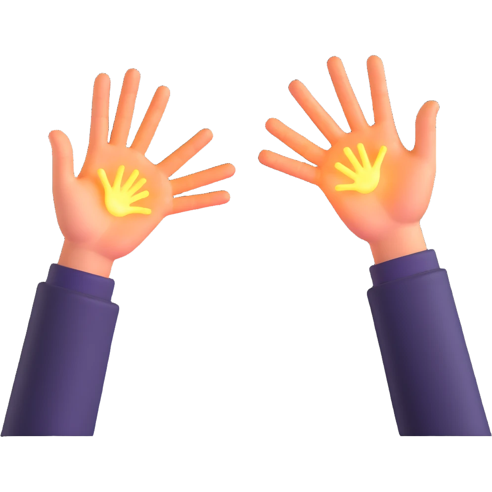 two hands reaching towards each other with glowing connection emoji