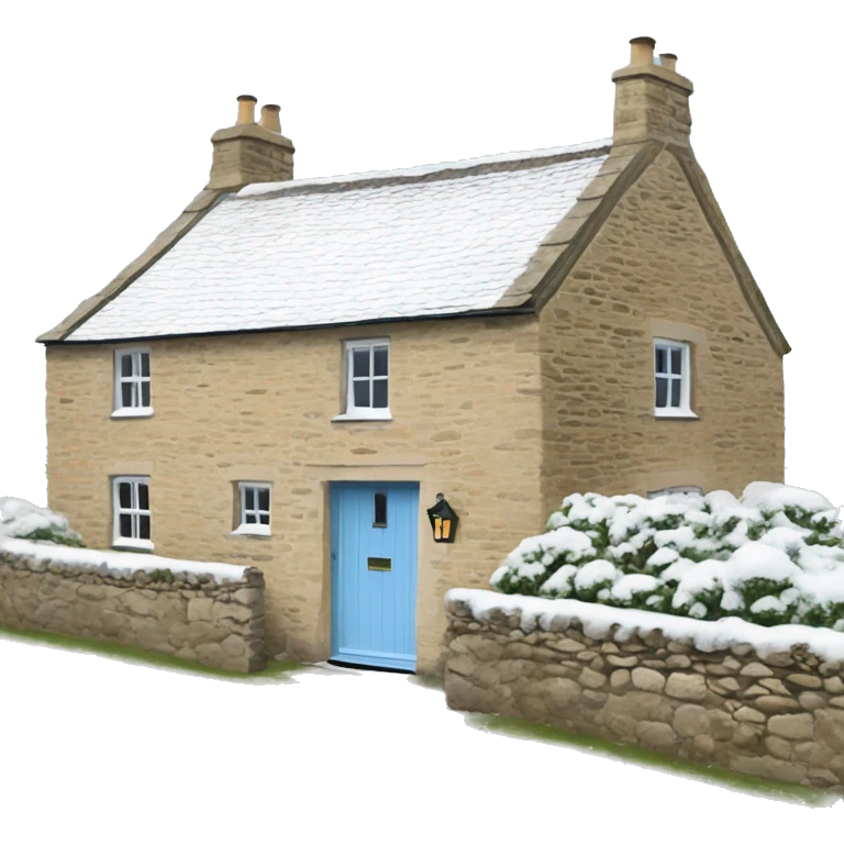 Snowy stone cotswolds cottage with sky blue door  emoji