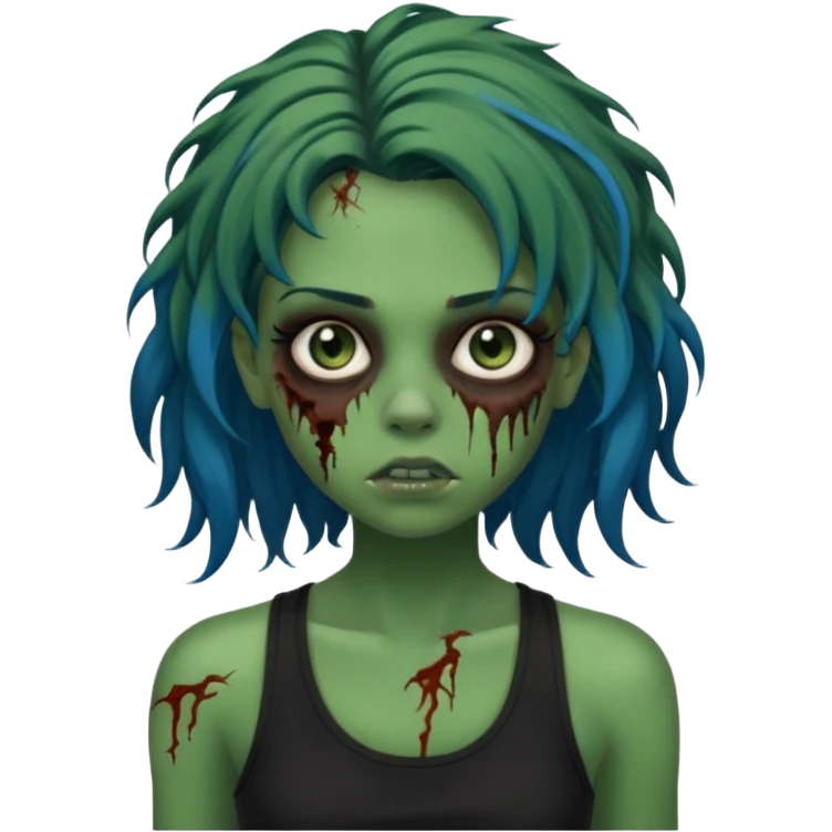 Crie um emoji de uma garota zumbi com a pele verde, como deste emoji "🧟‍♀️". Põem com uma regata de cor preta, os cabelos castanhos na altura do ombro e picotado, liso na raiz e cacheado nas pontas e com mechas azuis emoji