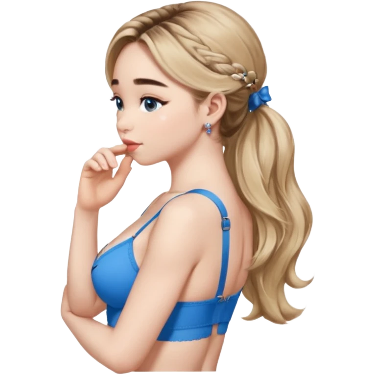 Sabrina carpenter side view with her hands folded and a kiss mark on her back, wearing a blue bra emoji