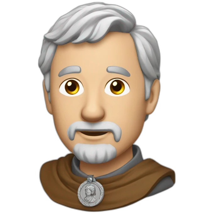medieval coin engravers guild leader, 50 years old, grey hair, bust, has a necklace with a coin, has a coin in one hand emoji