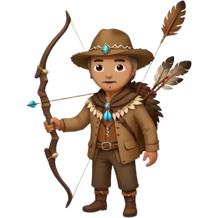 The classic image of a middle-aged uncle hunter carrying a bow, dressed in brown clothes, with some ornaments made of feathers, bones or teeth on his body. emoji