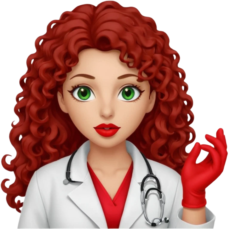 Lilith symbol sexy evil woman. She has green eyes.  had brown long curly hair.  evil surgeon kills with scalpel wears red sexy doctor coat with red mouth cover red gloves. Covers nose, neck  and mouth with Muslim red berka emoji