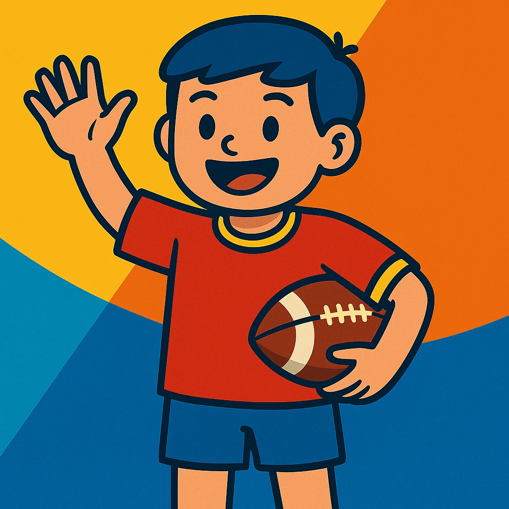 A vibrant toon style image of a teenage boy waving and holding a football, inviting a friend. emoji