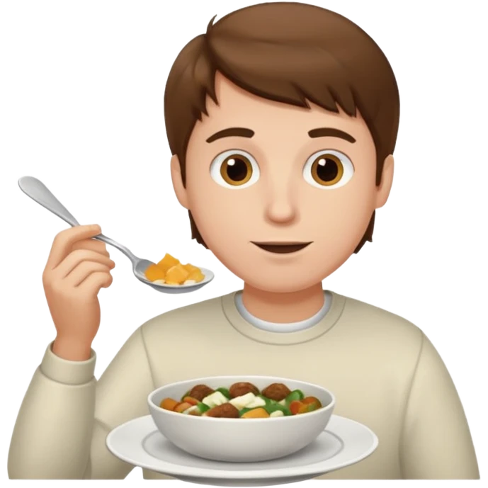 white man, brown hair, eating with a dish emoji