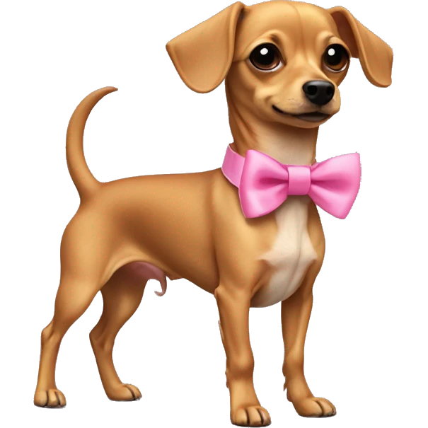 Short haired Chiweenie with a pink collar that has a bow  emoji
