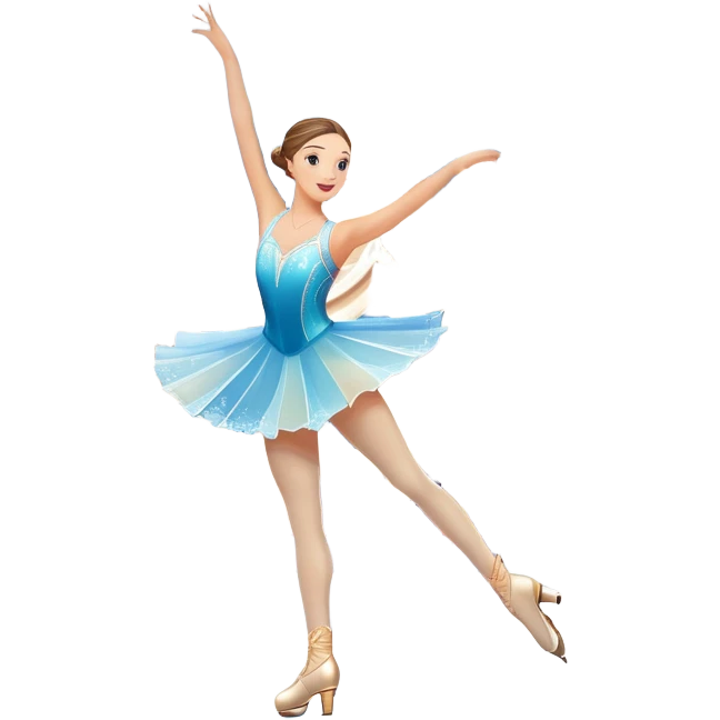 An colorful icon featuring a graceful figure skater performing a spin on the ice. The background includes a grand ice rink palace with shining spotlights and cheering spectators in the stands. Transparent background highlights the elegance and artistry of figure skating emoji