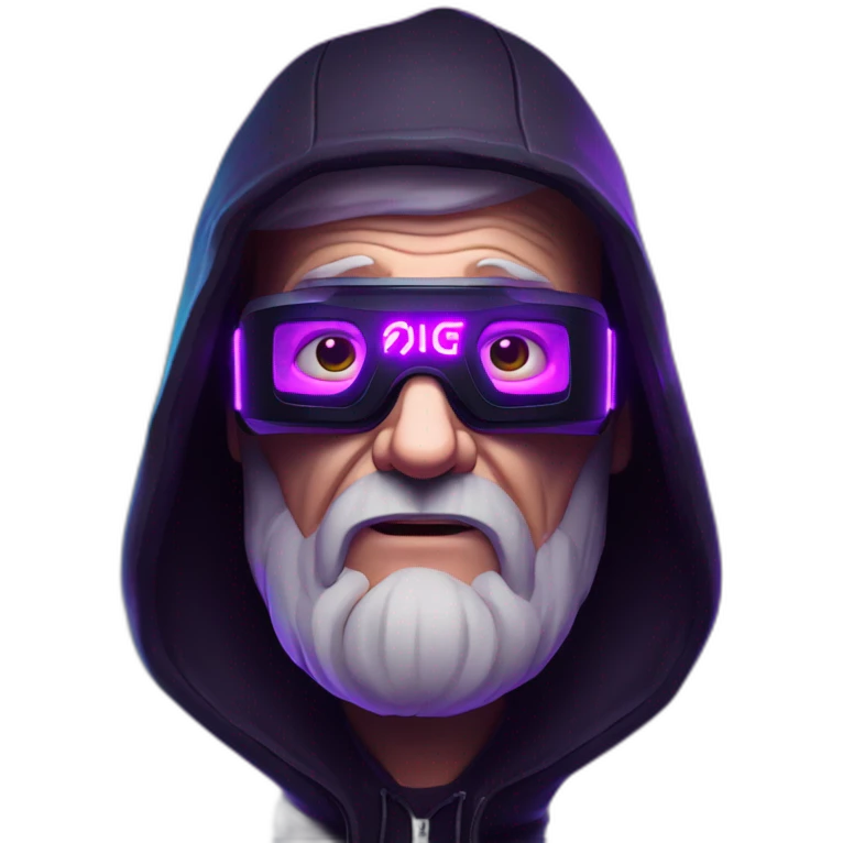 Russian old man wearing a black hoodie with "OMG" letters on it and VR headset in a cyberpunk VR environment with violet neon lighting. emoji