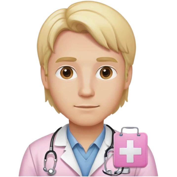 light pink doctor id badge with the name artur, blonde man with middle part hair emoji