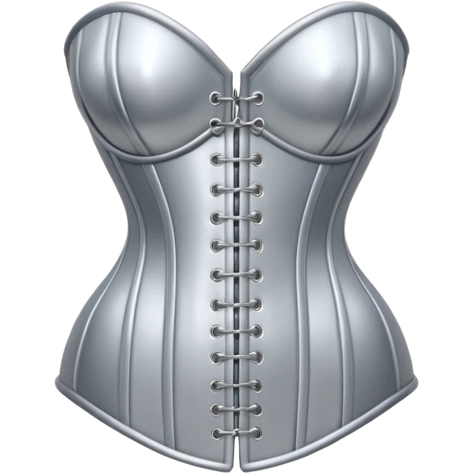 A luxury corset emoji made of silver chrome, smooth metallic curves, minimal fashion silhouette, glossy reflections, sensual high-end aesthetic, iOS emoji style, centered, clean white background emoji