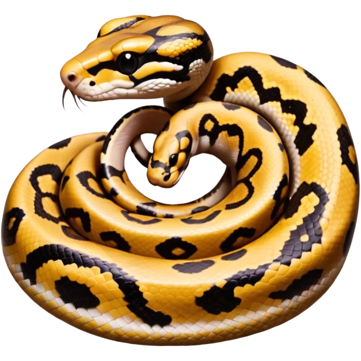 A photo-realistic top-down view of a Ball Python gently coiled into a tight spiral, with its head resting peacefully at the center. Its scales are warm brown with bold, irregular black markings, including the distinctive “alien-head” pattern, flowing smoothly along its body.  emoji