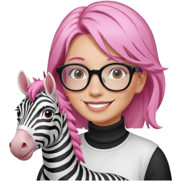 create a emoji of my friend camilla: she wears  white glasses and she has brown hair, make it pink. She loves horses and zebras emoji