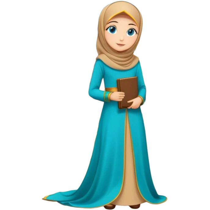 Turkish beautiful finish Konya girl blue eyes with gold hijab and islamic long tailed turquoise dress on the ground at her home garden and had on her hand text Eid Mubarak  emoji