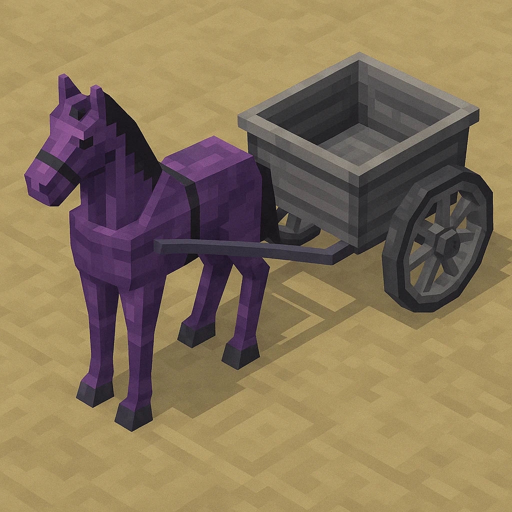Isometric horse and cart with color variation: purple and silver, keep original style low poly 3d. emoji