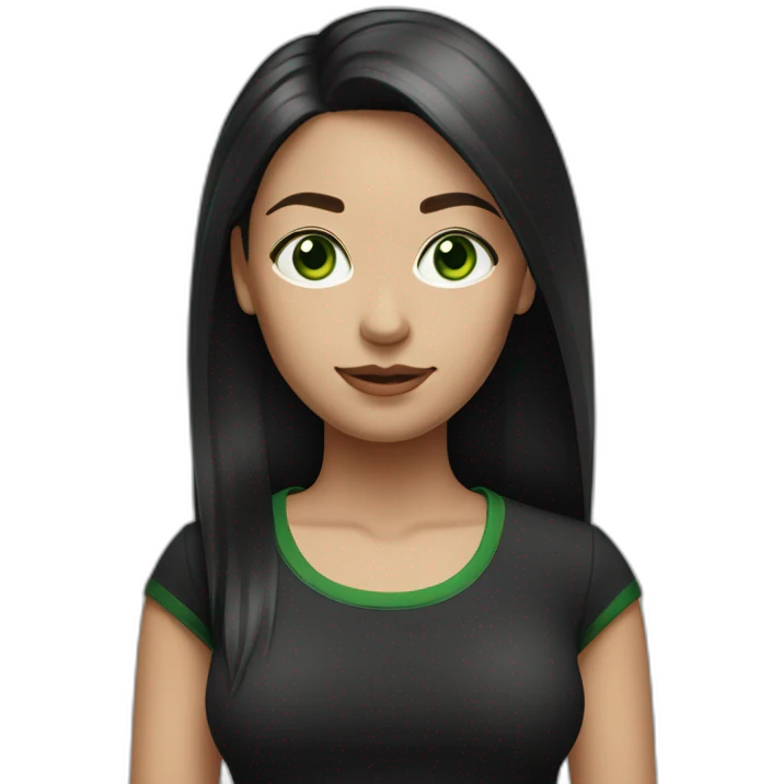 woman with long straight ruby hair, white skin, green eyes and black tshirt emoji