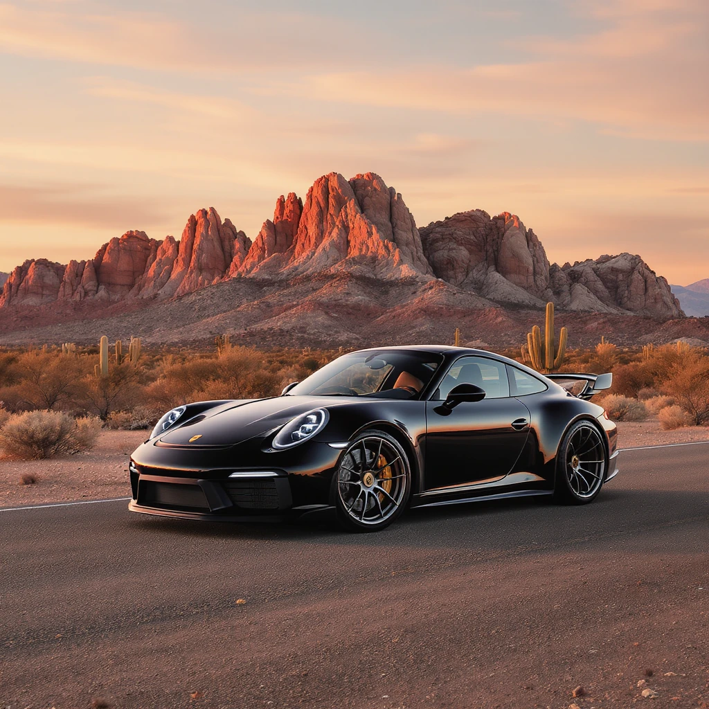 A modern desert mountain, wallpaper, modern, porsche 911, sunset, arizona desert emoji