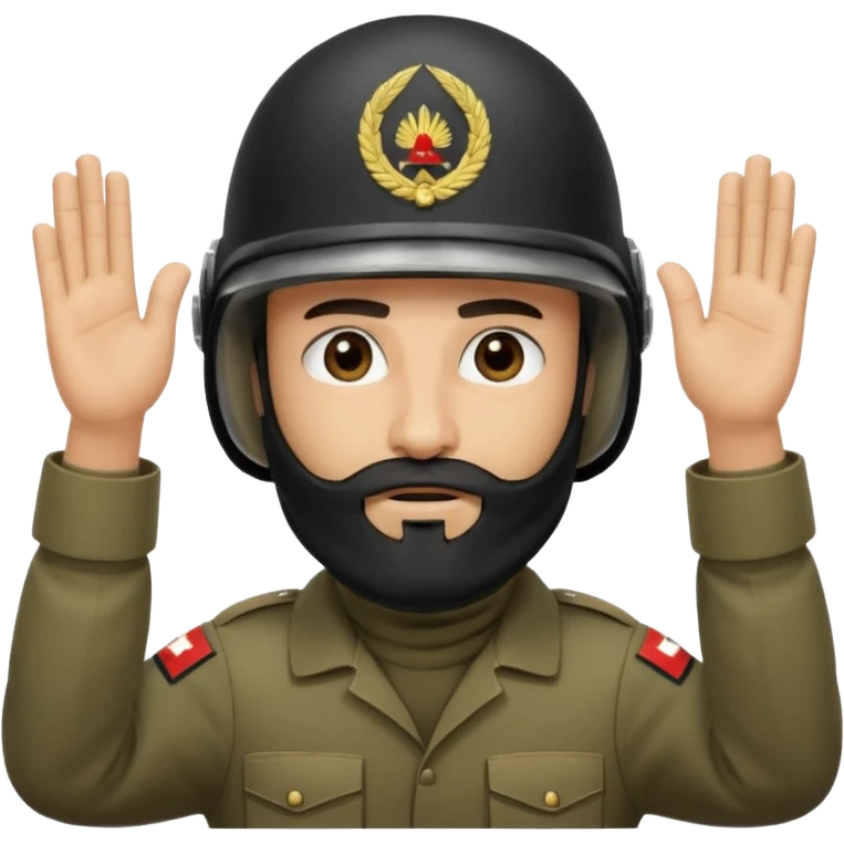 surrenders, depicts an Iraqi soldier from 1980, with a beard, in a helmet, a helmet WITHOUT insignia, with a balaclava, with sad eyes and both hands raised up emoji