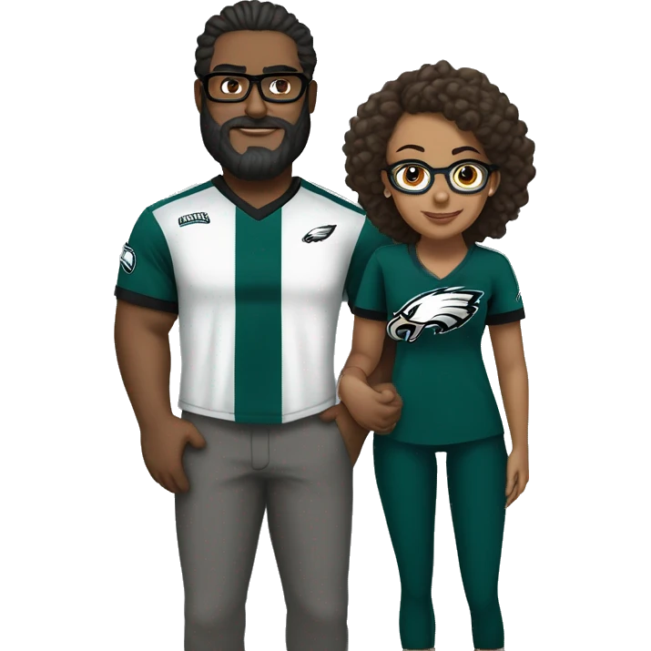 Heavy Brown guy no glasses with beard mustache and brown girl with glasses and her hair in a bun in Philadelphia eagles clothes holding hands emoji