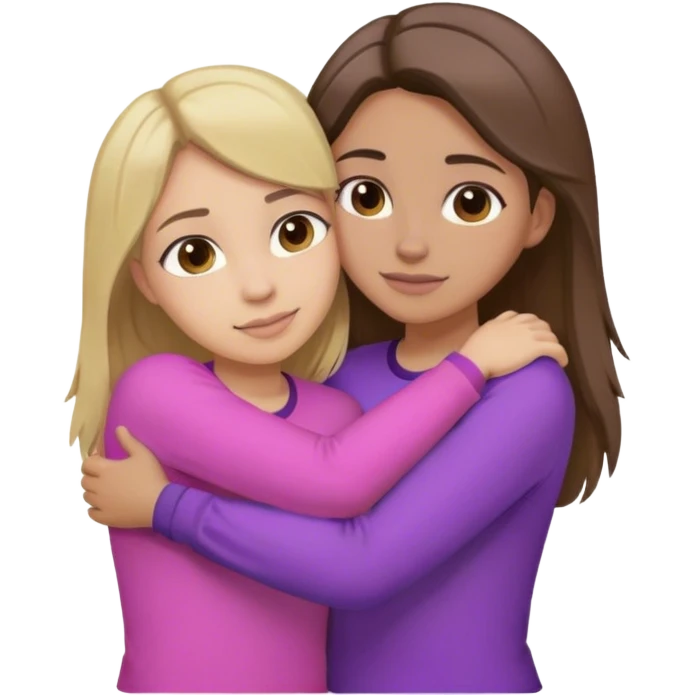 2 girls hugging one with brown hair and blonde highlights in a purple shirt hair and one with dark hair in a pink shirt emoji