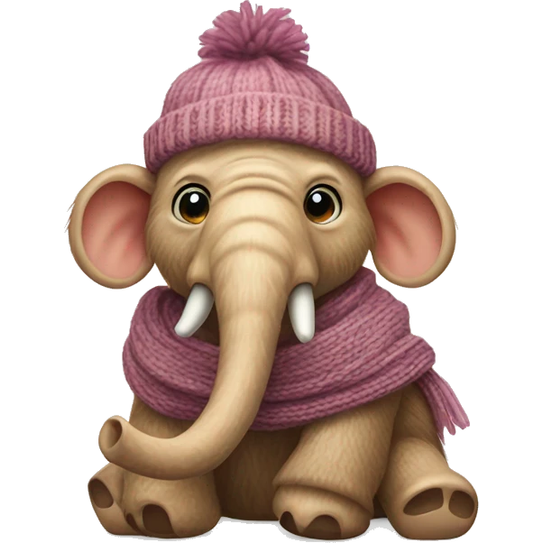 a baby mammoth in a small knitted hat and a narrow knitted scarf emoji