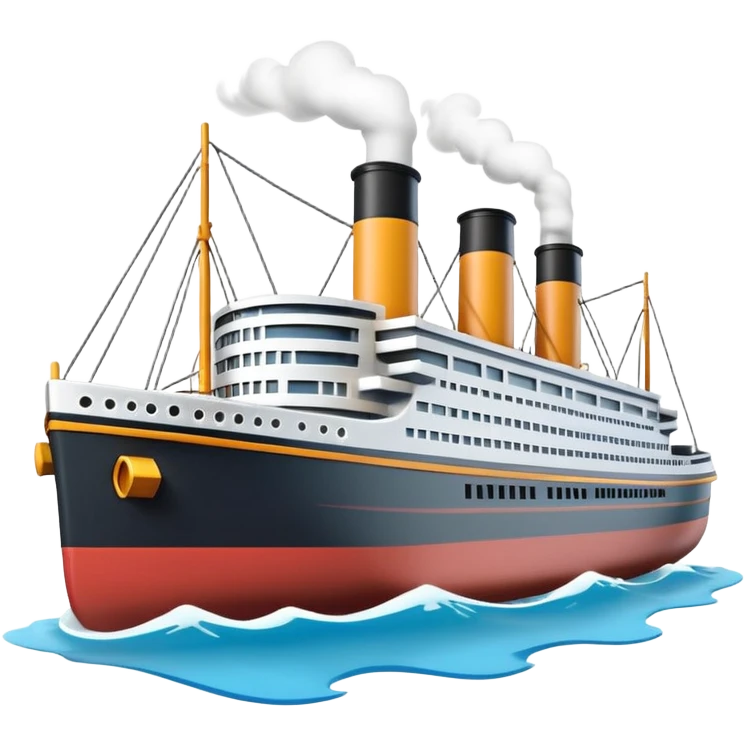 A miniature 3D Titanic ship emoji in Apple style, small and compact with smooth glossy surface, bright clean colors, simplified but recognizable details like smokestacks and windows, no facial features, floating on calm ocean, soft shadows, high-quality render, isolated on white background.



 emoji