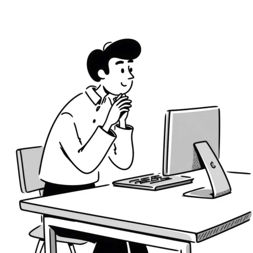 a man sitting at the table with an imac on it, a man sits in a very thoughtful pose emoji
