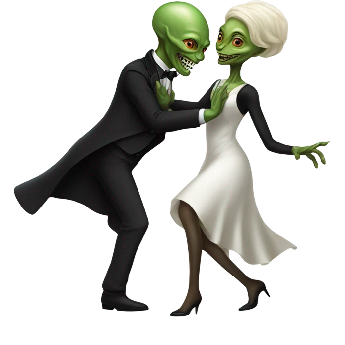  a Reptilian alien woman, in white dress, dance with a human man in frack emoji