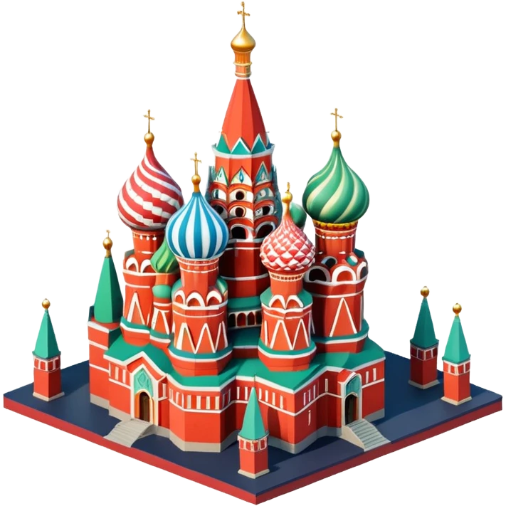 Isometric illustration of Moscow, featuring Saint Basil's Cathedral with its colorful onion domes, Red Square elements, in miniature diorama style, soft shadows and pastel colors. emoji