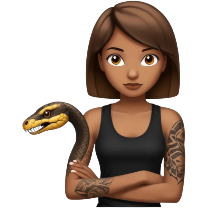 Femme brune yeux marron avec une coupe carré noir qui descend sur l'épaule , femme couleur de peau typé, avec un cobra a côté , débardeur noir , avec un tatouage sur le bras droit emoji