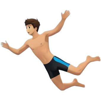 A diver mid-air, plunging from a high cliff into the sparkling ocean below. The background features rugged cliffs, clear blue water, and a bright sky, emphasizing the excitement and danger of the sport with a sense of freedom and adventure. emoji