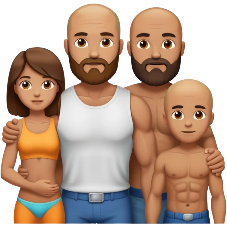 Muscular Bald beard man with his hot wife long brown hair and 3 boys emoji