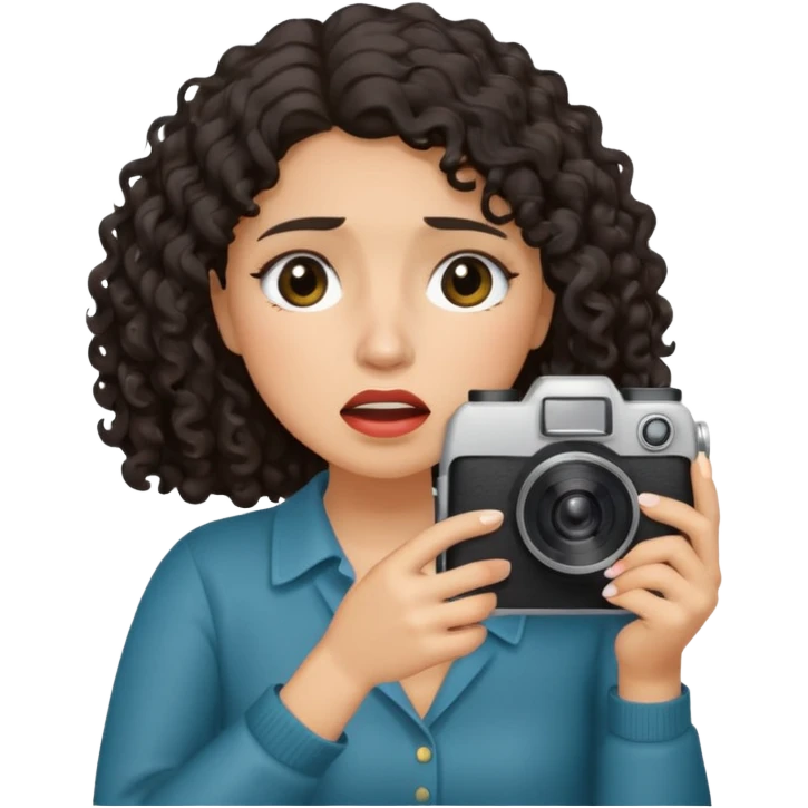 Hispanic Woman with shoulder length dark curly hair holding a camera crying emoji